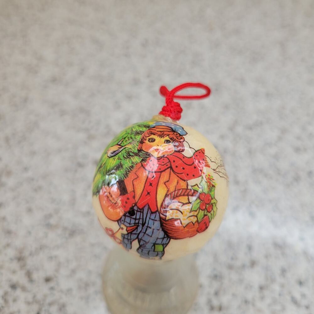 VTG Paper Maché Decoupage German Boy Goose Mini Christmas Ornament Ball Bauble